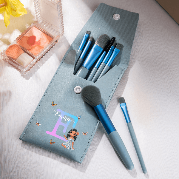 Personalized Cartoon Character Initial Makeup Brush Bag Set with Name and 8 Pcs Makeup Brushes Birthday Christmas Wedding Gift for Woman