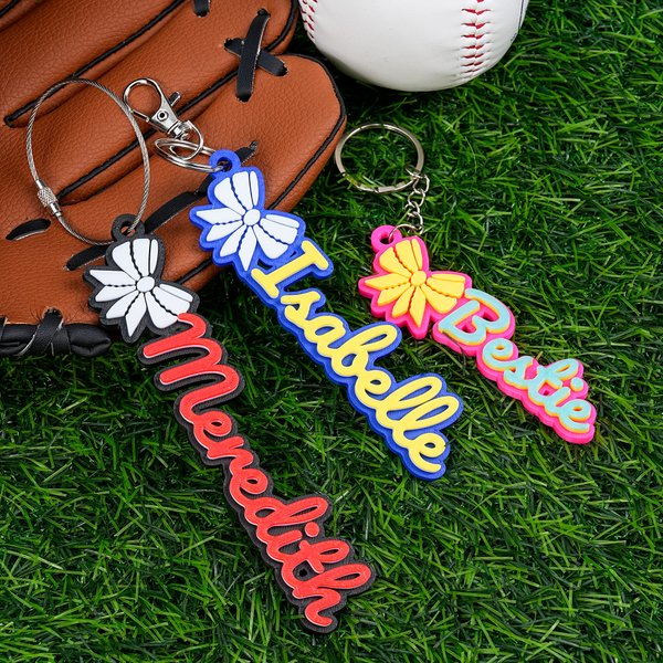 Personalised Multicolour Baseball Softball Bow Keychain Bag Tag with Name Game Day Birthday Gift for Baseball Lover Softball Player
