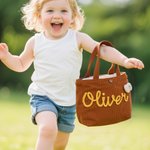 Gepersonaliseerde veelkleurige gevlochten naam corduroy lunchtas met bloem dierlijke strik accessoire dagelijkse reizen school verjaardagscadeau voor peuters kinderen