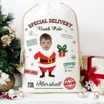 Personalised Special Delivery North Pole Santa Claus Canvas Drawstring Gift Bag with Name and Photo Christmas Gift for Friends Family