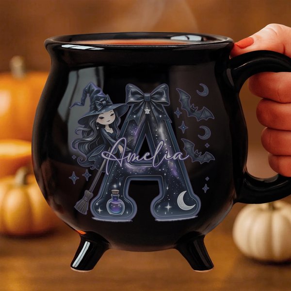 Personalized Witch Initial Black Cauldron Ceramic Coffee Mug with Name Halloween Party Gift for Family Friends