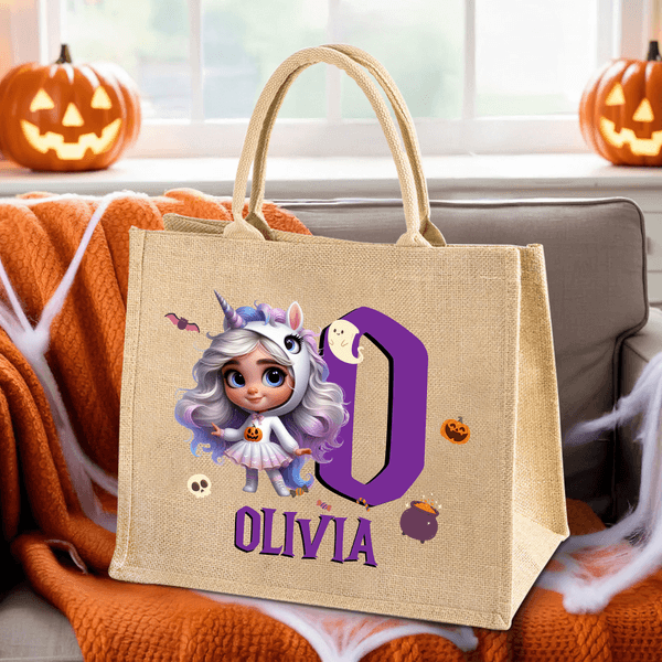 Personalised Halloween 3D Cartoon Character Jute Tote Bag with Initial and Name Trick or Treat Halloween Party Gift for Boys Girls