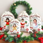 Personalised Special Delivery North Pole Santa Claus Canvas Drawstring Gift Bag with Name and Photo Christmas Gift for Friends Family