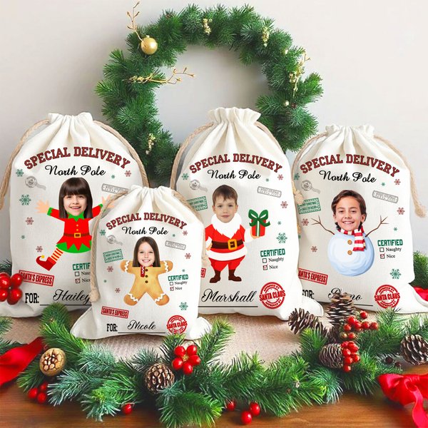 Personalised Special Delivery North Pole Santa Claus Canvas Drawstring Gift Bag with Name and Photo Christmas Gift for Friends Family