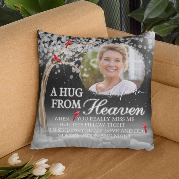 Personalised A Hug From Heaven Photo Cardinal Bird Soft Cushion Cover with Text and Name Home Decor Memorial Sympathy Gift for Family Friend