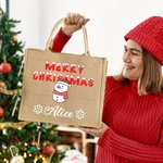Personalised Merry Christmas Snowman Elk Large Jute Tote Bag with Name Daily Use Christmas Gift for Kids Family Friends