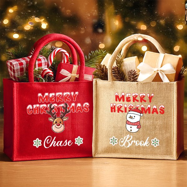 Personalized Merry Christmas Snowman Elk Large Jute Tote Bag with Name Daily Use Christmas Gift for Kids Family Friends