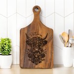 Personalized Flower Highland Cow Reversible Cheese Charcuterie Cutting Board with Grip Made in USA Housewarming Birthday Gift for Highland Cow Lovers