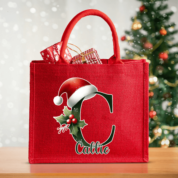 Chapeau de Père Noël personnalisé Grande capacité Sac fourre-tout en toile de jute rouge avec initiale et nom Cadeau de Noël pour enfants Adultes