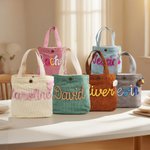 Gepersonaliseerde veelkleurige gevlochten naam corduroy lunchtas met bloem dierlijke strik accessoire dagelijkse reizen school verjaardagscadeau voor peuters kinderen