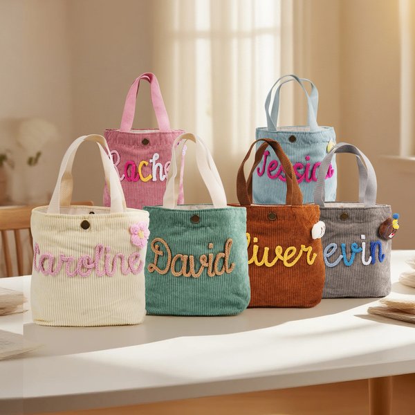 Personalised Flower Animal Bow Accessory Corduroy Lunch Bag with Name Back to School Birthday Christmas Gift for Toddlers Kids