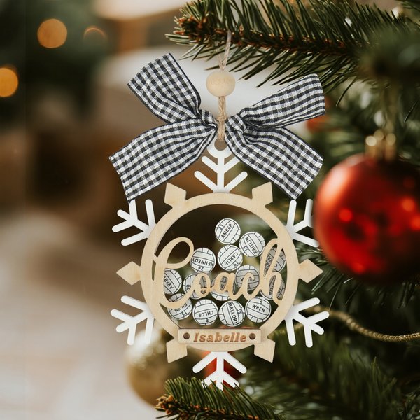 Personalized Volleyball Bow Snowflake Wooden 3D Shake Ornament with 6-14 Names Christmas Tree Decor End of Season Team Day Gift for Coach Athlete