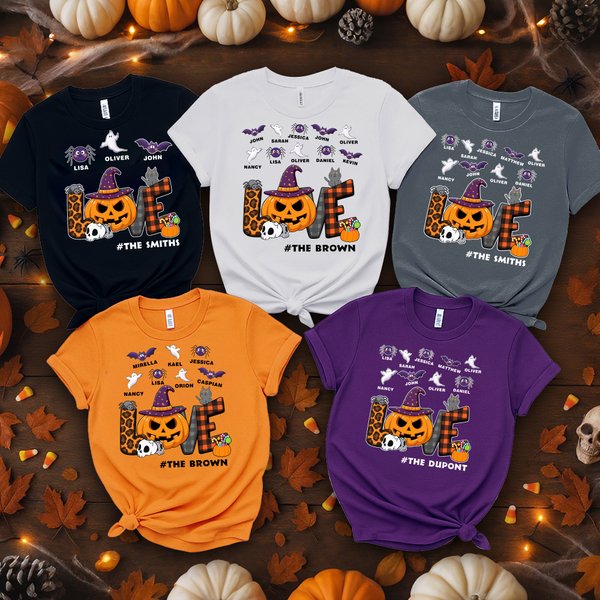 Personalised Ghost Bat Pumpkin Love Multicolour 100% Cotton T-shirt with 1-10 Names and Title Halloween Gift for Family