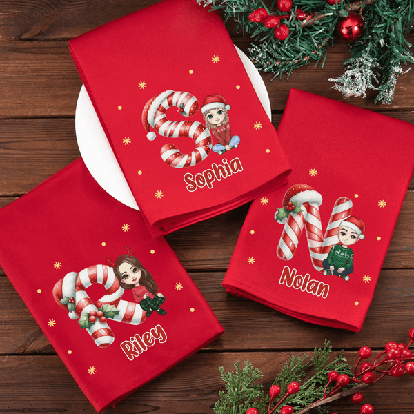 Gorro de Papá Noel Personalizado Personaje de dibujos animados Rojo 100% Algodón Servilleta Reutilizable con Nombre Decoración de Mesa Regalo de Navidad para la Familia Amigo