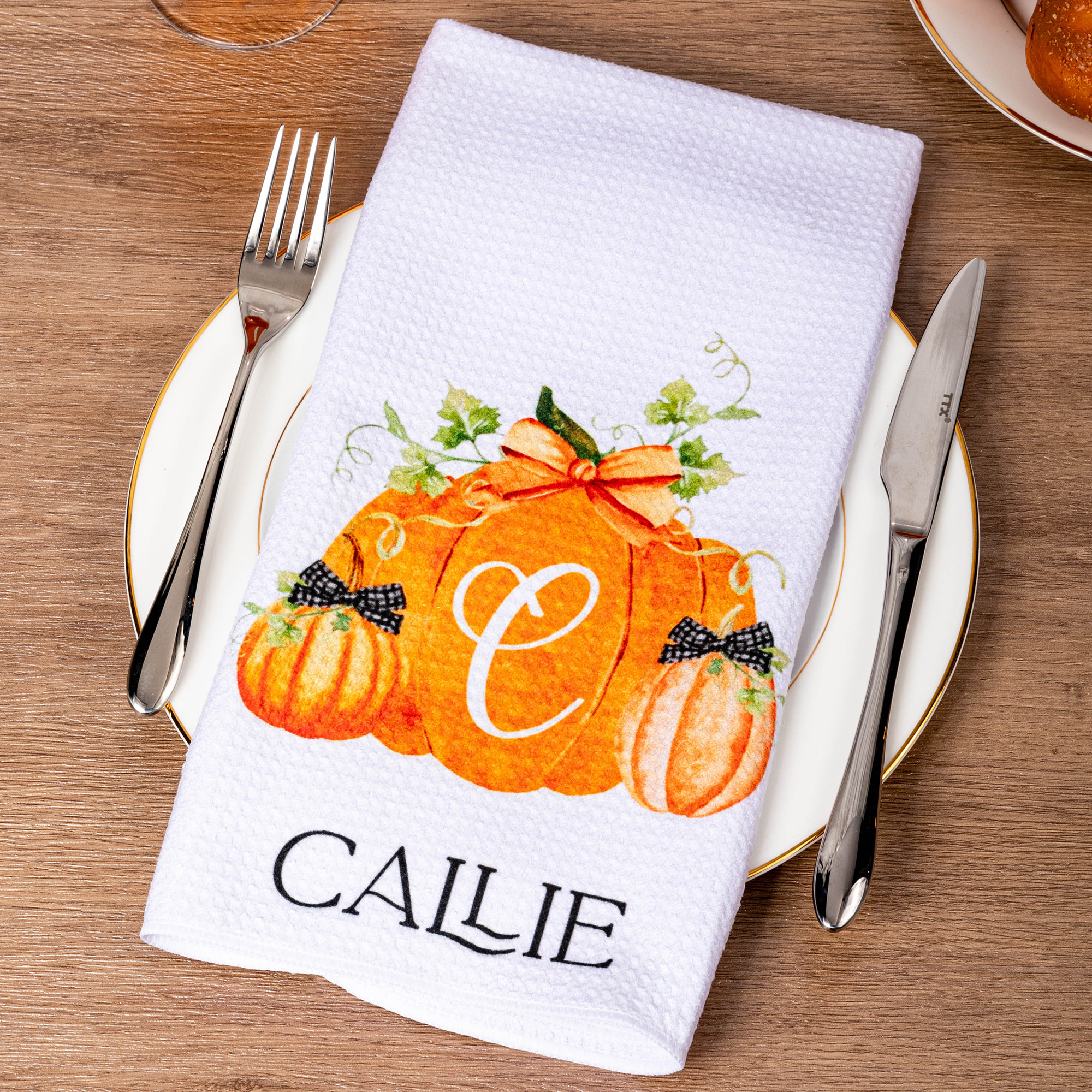 Serviette gaufrée personnalisée avec nom pour Halloween Thanksgiving Cadeau pour la famille des passionnés de cuisine