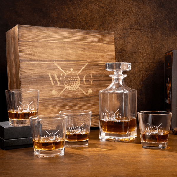 Personalised Classic Golf Elements Whiskey Decanter Wooden Storage Box Set with Name and Initial Birthday Game Day Gift for Golf Lovers