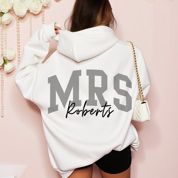 Personalised Mrs Multicolour Soft Sweatshirt Hoodie with Surname Bridal Shower Honeymoon Gift for Bride