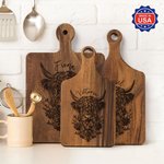 Personalized Flower Highland Cow Reversible Cheese Charcuterie Cutting Board with Grip Made in USA Housewarming Birthday Gift for Highland Cow Lovers