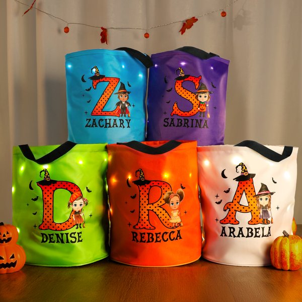 Personalised Cartoon Character Witch Hat Initial Glowing Sweets Bucket with Name Trick or Treat Halloween Party Gift for Girls Boys