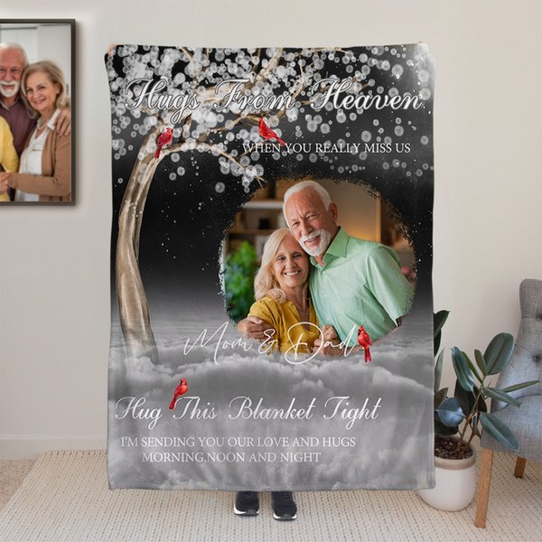 Personalised Cardinal Birds Hug From Heaven Soft Throw Blanket with Photo and Name Memorial Sympathy Gift for Family Friend