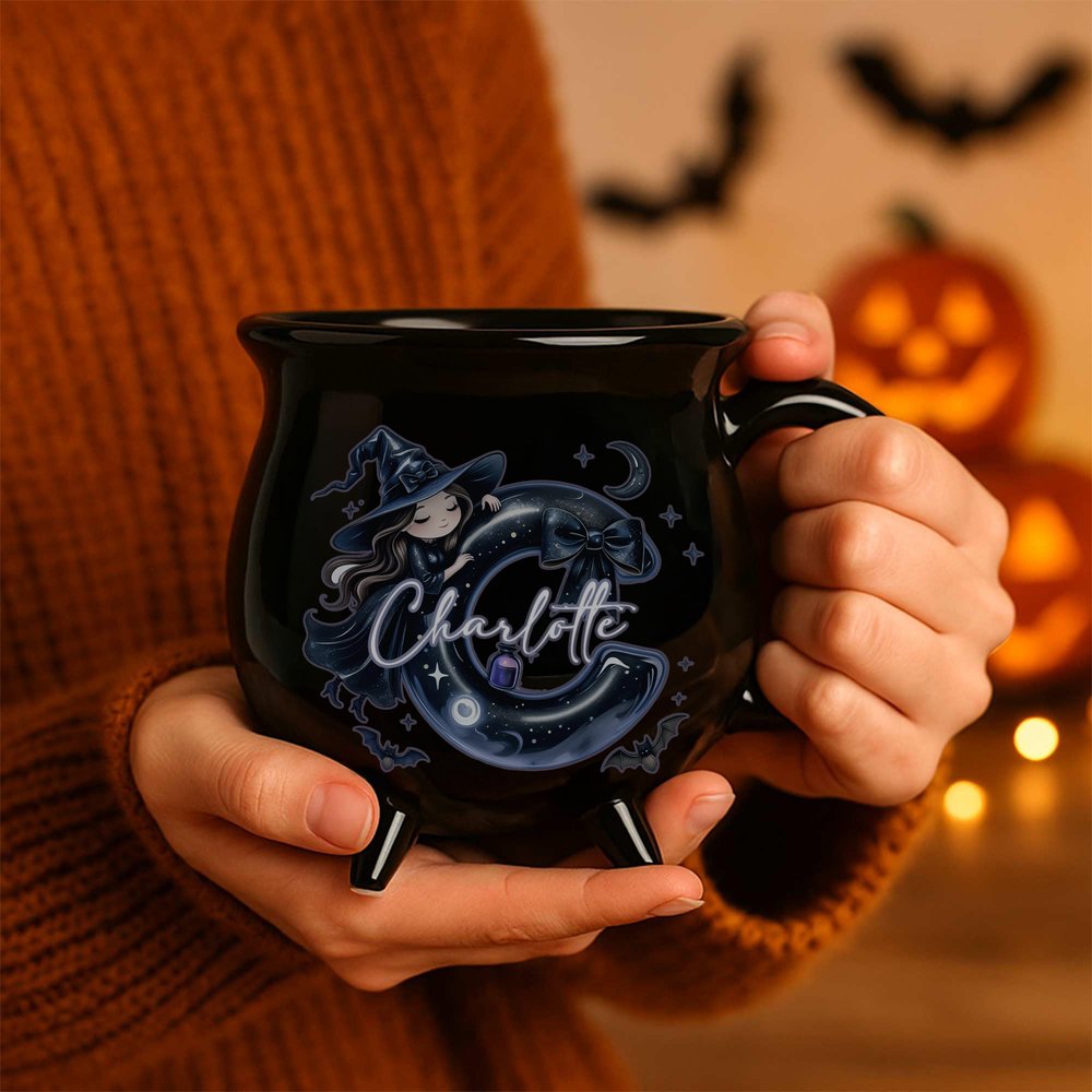 Personlig Häxa Initial Svart Cauldron Keramisk Kaffemugg med Namn Halloween Party Present till Familj Vänner