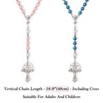 Personalized Navy Blue Pink Rosary Chalice Cross Necklace with Name and Date First Communion Baptism Gift for Christians