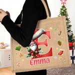 Personalisierte Cartoon Weihnachten Pinguin Rentier Initial große Kapazität Tote Tasche mit Namen Weihnachtsgeschenk für Frauen Kinder
