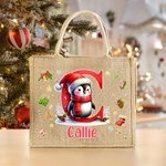 Personalisierte Cartoon Weihnachten Pinguin Rentier Initial große Kapazität Tote Tasche mit Namen Weihnachtsgeschenk für Frauen Kinder