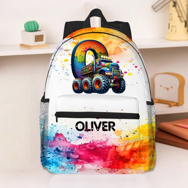 Personalized Watercolor Truck Initial Large Capacity Backpack with Name Back to School Birthday Christmas Gift for Boys Truck Lovers