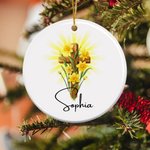 Personalized Birth Flower Cross Ceramic Christmas Ornament with Name Tree Decoration Easter Christmas Baptism Gift for Christians