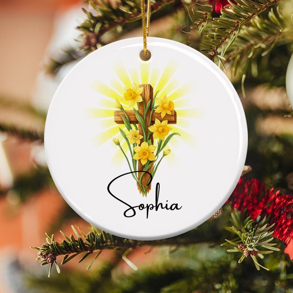 Personalised Birth Flower Cross Ceramic Christmas Ornament with Name Tree Decoration Easter Christmas Baptism Gift for Christians