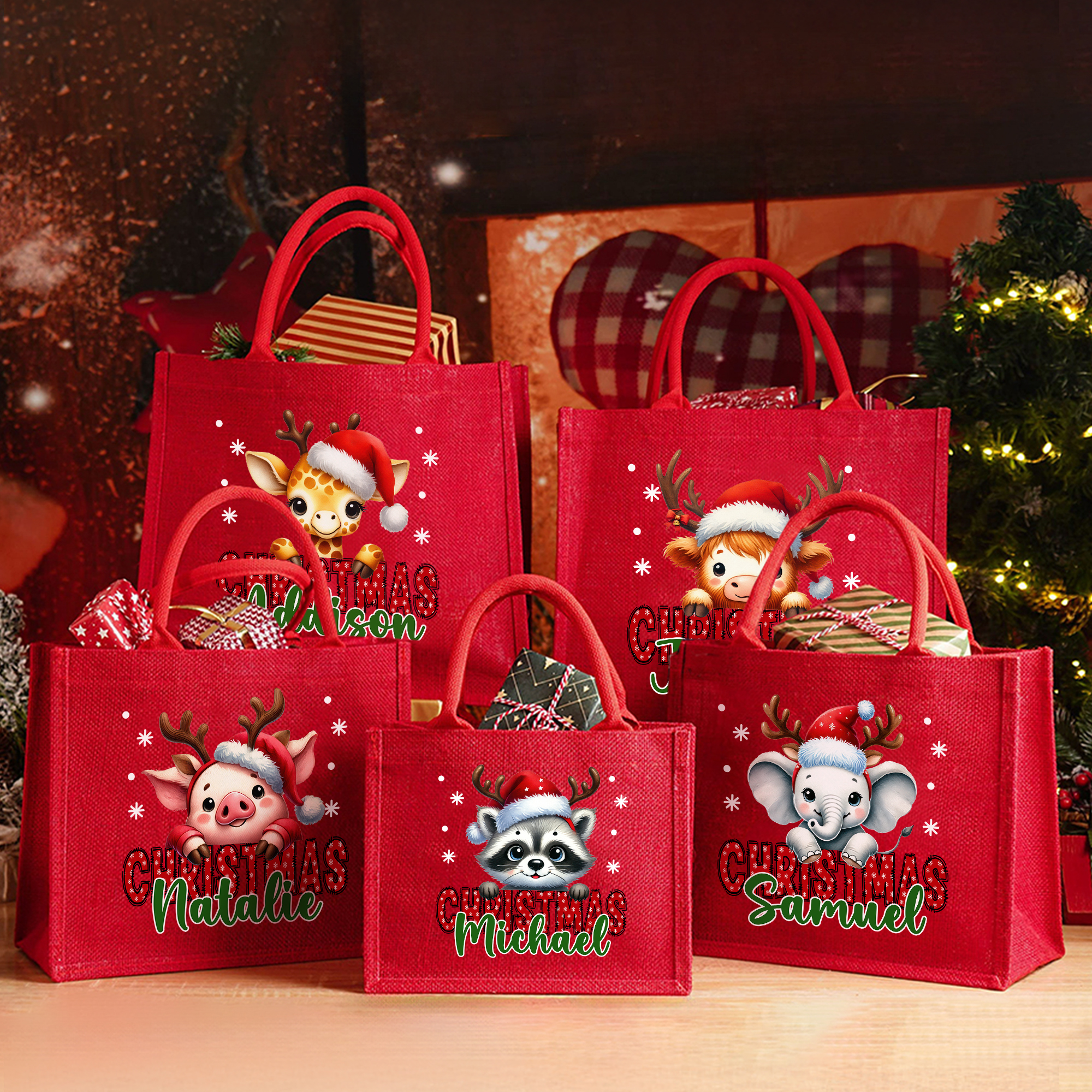 Chapeau de Père Noël personnalisé Animal mignon Grand sac fourre-tout en toile de jute avec nom Utilisation quotidienne Cadeau de fête de Noël pour la famille Amis