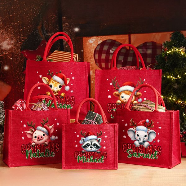 Gorro de Papá Noel de Navidad personalizado Bolsa de yute grande de animales con nombre Uso diario Fiesta de Navidad Regalo para la familia Amigos