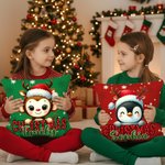 Personalized Cute Santa Hat Animal Soft Throw Pillow Cover with Name Home Decor Christmas Gift for Kids Family