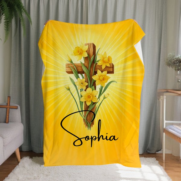 Personalized Cross and Birth Flower Soft Throw Blanket with Name Birthday Baptism Gift for Christian Friend