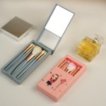 Personalized Birth Flower Bouquet Name Cartoon 5 Pcs Makeup Brush Travel Storage Box Set with Mirror Birthday Bridal Shower Gift for Women Girls