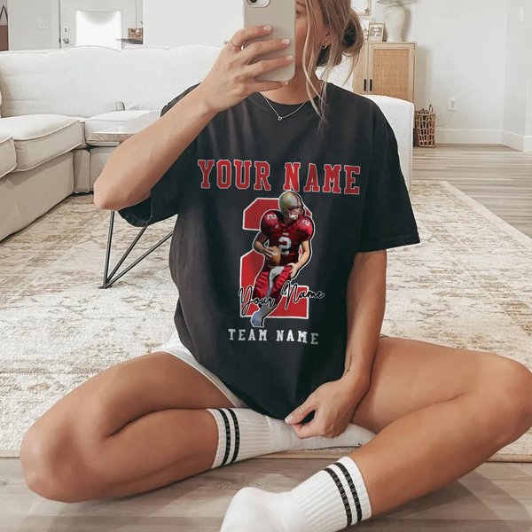Personalised American Football Photo Heavyweight 100% Cotton T-shirt with Name and Number Game Day Club Gift for Sport Player Mom