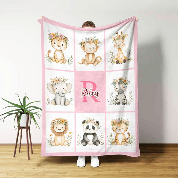 Gepersonaliseerde Bloemenkrans Luipaard Aap Schattig Dier Zacht Deken met Initiaal en Naam Verjaardag Kerstcadeau voor Jongens Meisjes
