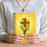 Personalised Cross Birth Flower A5 Journal Notebook with 120 Lined Pages and Name Back to School Birthday Gift for Christian Student