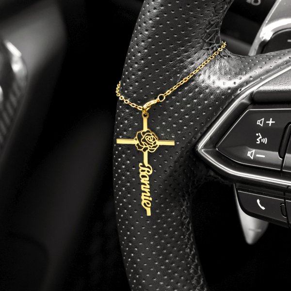 Breloque de volant personnalisée avec nom, fleur de naissance, croix chrétienne, cadeau de baptême pour les conductrices chrétiennes