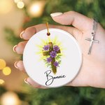 Personalized Birth Flower Cross Ceramic Christmas Ornament with Name Tree Decoration Easter Christmas Baptism Gift for Christians