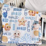 Personalized Cute Marine Animals Design Soft Throw Blanket with Name Home Decor Birthday Christmas Gift for Boys Girls