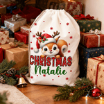 Personalized Santa Hat Deer Fantasy Unicorn Cute Animal Canvas Drawstring Gift Bag  with Name Christmas Gift for Family Friends