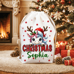Personalized Santa Hat Deer Fantasy Unicorn Cute Animal Canvas Drawstring Gift Bag  with Name Christmas Gift for Family Friends