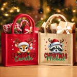 Personalised Christmas Santa Hat Cute Animal Large Jute Tote Bag with Name Daily Use Christmas Party Gift for Family Friends