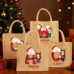 Personalized Cartoon Character Santa Claus Initial Large Jute Tote Bag with Name Daily Use Christmas Gift for Family