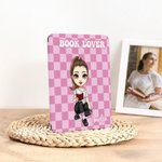 Personalized Reading Cartoon Character Checkerboard Pattern Kindle Page Turner Case with Name and Text Birthday Gift for Reader Book Lover