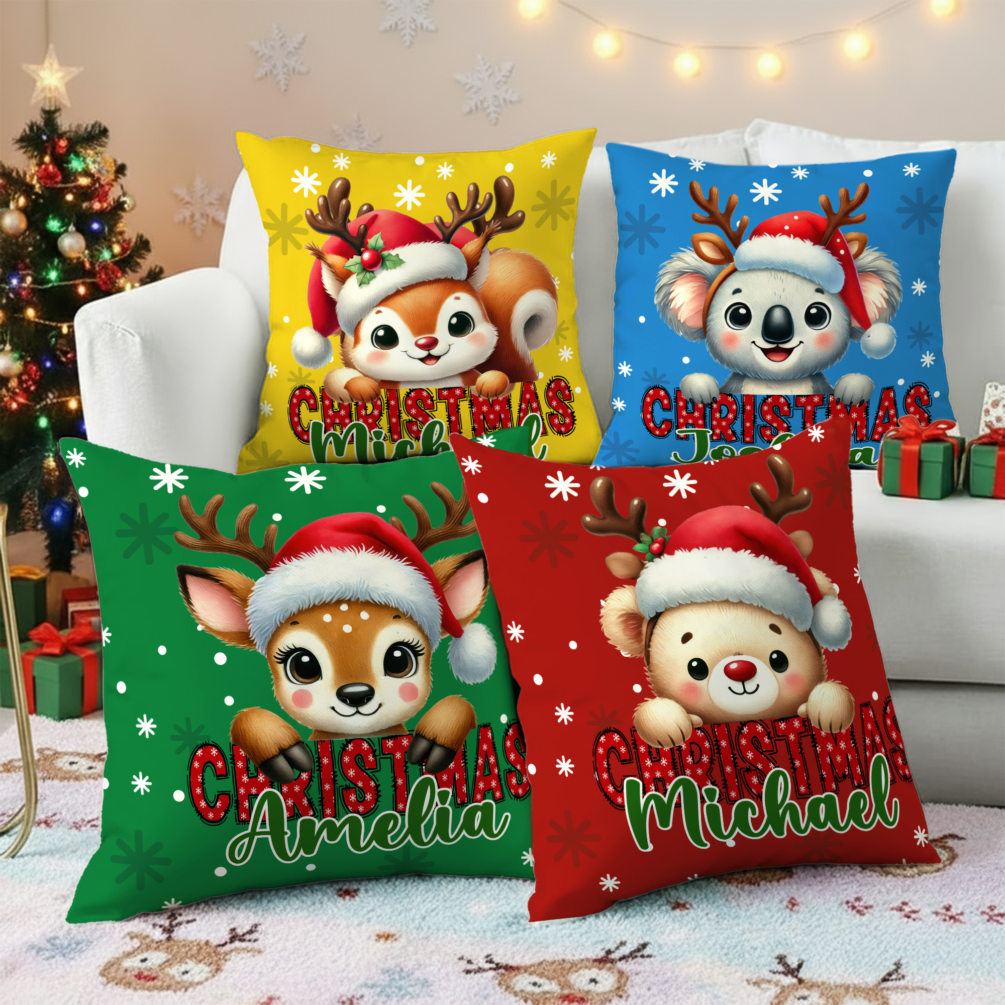 Housse de Coussin Personnalisée avec Nom et Motif d'Animal Décoration de Chambre Cadeau Noël pour Enfant Famille