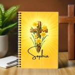 Personalised Cross Birth Flower A5 Journal Notebook with 120 Lined Pages and Name Back to School Birthday Gift for Christian Student
