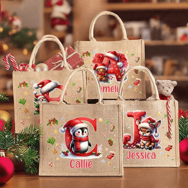Personalisierte Cartoon Weihnachten Pinguin Rentier Initial große Kapazität Tote Tasche mit Namen Weihnachtsgeschenk für Frauen Kinder